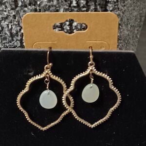 Gold-Toned Quatrefoil Dangle Earrings w/ White Crystal